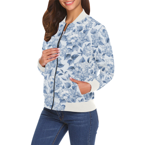 Blue and White Floral Pattern All Over Print Bomber Jacket for Women (Model H19)