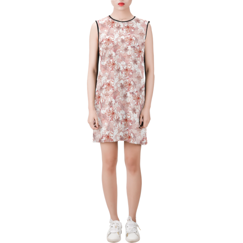 Sakura Cherry Blossom Sleeveless Round Neck Shift Dress (Model D51)