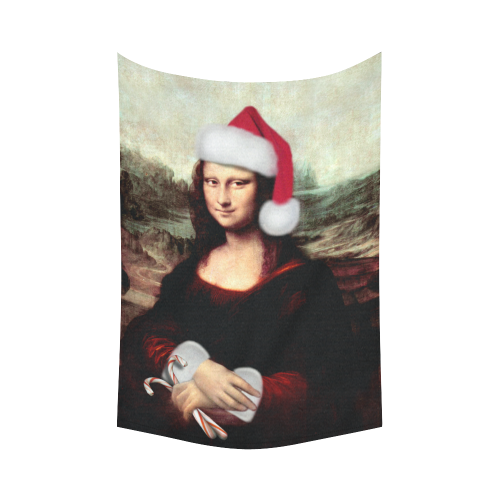Christmas Mona Lisa with Santa Hat Cotton Linen Wall Tapestry 60"x 90"