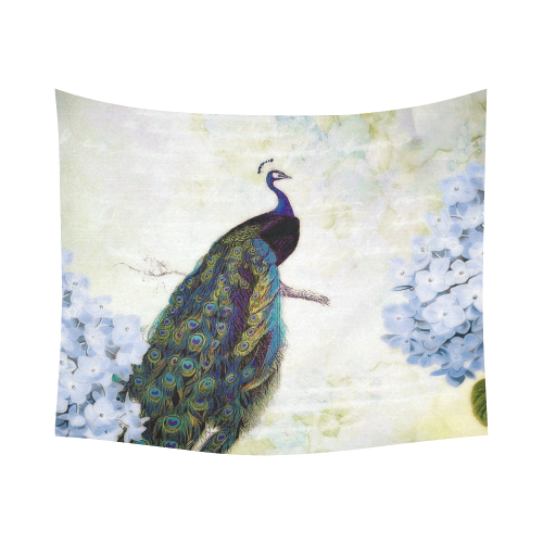 blue peacock and hydrangea Cotton Linen Wall Tapestry 60"x 51"