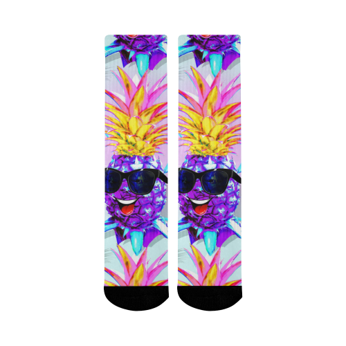 Pineapple Ultraviolet Happy Dude with Sunglasses Mid-Calf Socks (Black Sole)