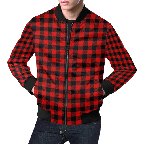 LUMBERJACK Squares Fabric - red black All Over Print Bomber Jacket for Men/Large Size (Model H19)