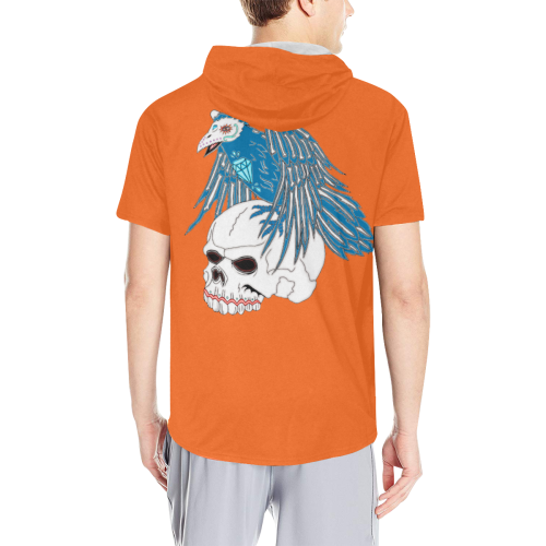 Raven Sugar Skull Orange All Over Print Short Sleeve Hoodie for Men (Model H32)