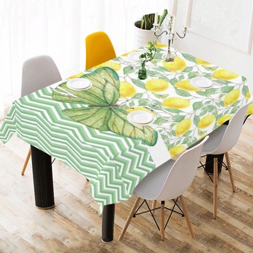 Butterfly And Lemons Cotton Linen Tablecloth 60" x 90"