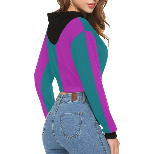 Only two Colors: Petrol Blue - Magenta Pink All Over Print Crop Hoodie for Women (Model H22)