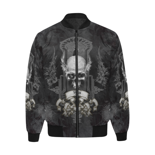 Skull with crow in black and white All Over Print Quilted Bomber Jacket for Men (Model H33)