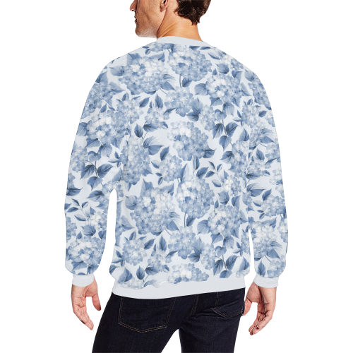 Blue and White Floral Pattern Men's Oversized Fleece Crew Sweatshirt (Model H18)