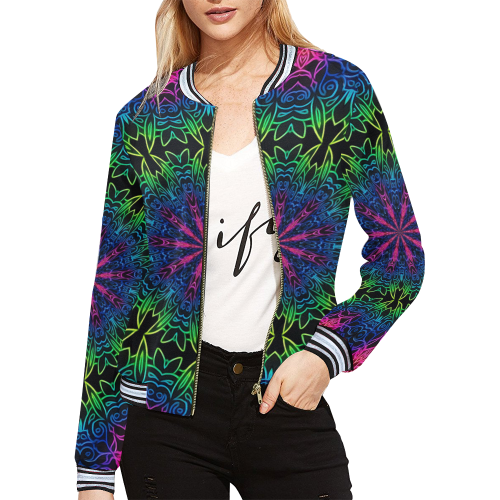 Rainbow Scratch Art Mandala Kaleidoscope Abstract All Over Print Bomber Jacket for Women (Model H21)