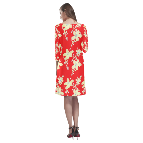 Red Dress With Yellow Flower Design Rhea Loose Round Neck Dress(Model D22)