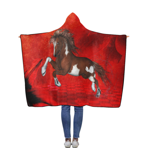 Wild horse on red background Flannel Hooded Blanket 50''x60''