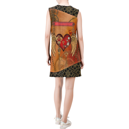 Steampunk, wonderful heart with wings Sleeveless Round Neck Shift Dress (Model D51)