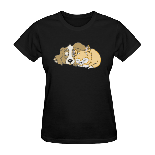 Napping Dog And Kitten Black Women's T-Shirt in USA Size (Two Sides Printing)