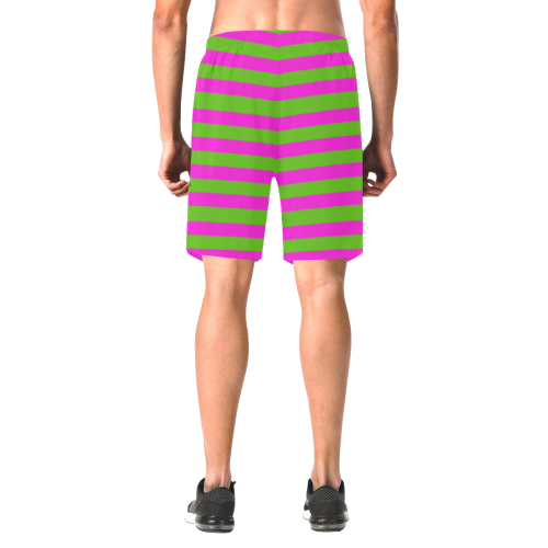 Pink Green Stripes Men's All Over Print Elastic Beach Shorts (Model L20)