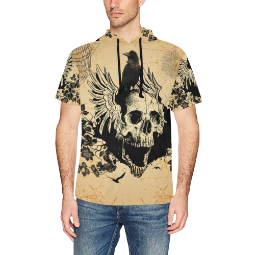 Awesome skull with crow All Over Print Short Sleeve Hoodie for Men (Model H32)