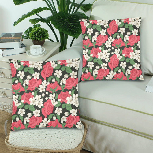Pink, White and Black Floral Custom Zippered Pillow Cases 18"x 18" (Twin Sides) (Set of 2)