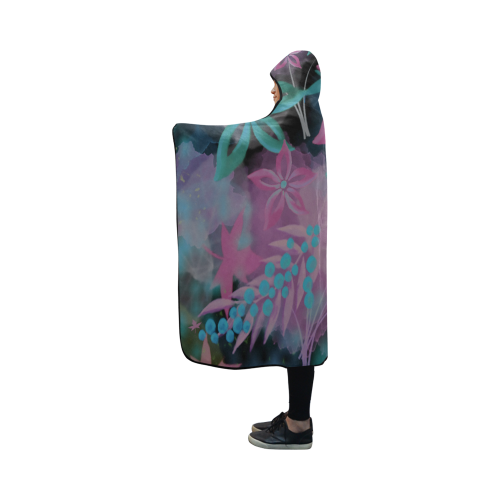 Flower Pattern - black, teal green, purple, pink Hooded Blanket 50''x40''