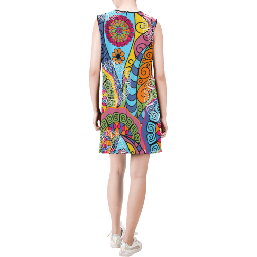 Colorful Vintage Pattern Sleeveless Round Neck Shift Dress (Model D51)