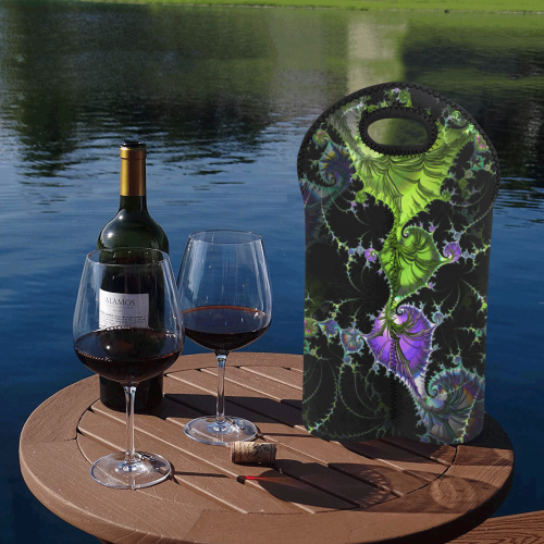 Filigree Spiral Fractal - Psychedelic Black Green 2-Bottle Neoprene Wine Bag