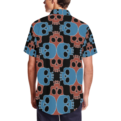 Skull Jigsaw Red Blue Men's Short Sleeve Shirt with Lapel Collar (Model T54)
