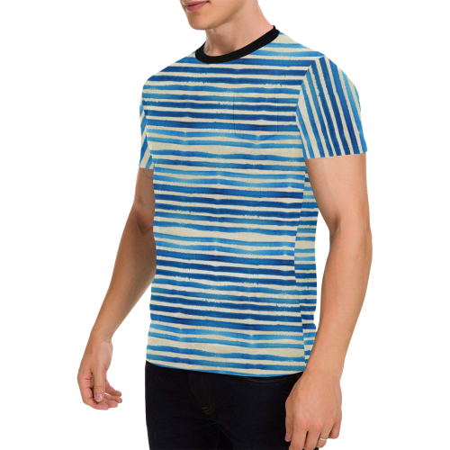 Watercolor STRIPES grunge pattern - blue Men's All Over Print T-Shirt with Chest Pocket (Model T56)