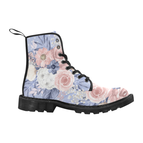 Navy Floral Boots, Watercolor Pink Flower Martin Boots for Women (Black) (Model 1203H)