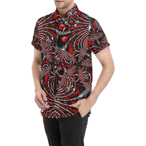 Crimson Burst Fractal Button Down Men's All Over Print Short Sleeve Shirt (Model T53)