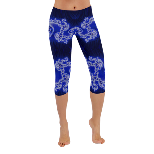 Blue and White Hearts  Lace Fractal Abstract Women's Low Rise Capri Leggings (Invisible Stitch) (Model L08)