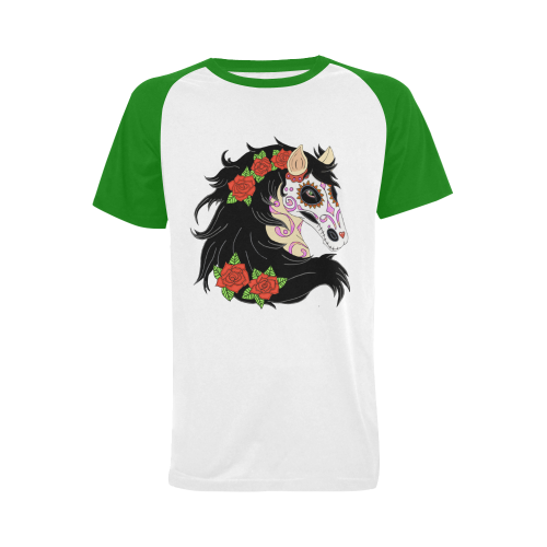 Sugar Skull Horse Red Roses Green Men's Raglan T-shirt (USA Size) (Model T11)