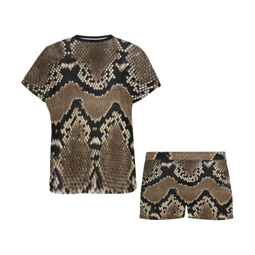 Snakeskin Pattern Dark Brown Women's Short Pajama Set