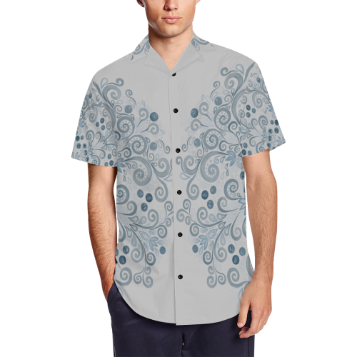 Blueberry Field, Blue, Watercolor Mandala half on gray Men's Short Sleeve Shirt with Lapel Collar (Model T54)