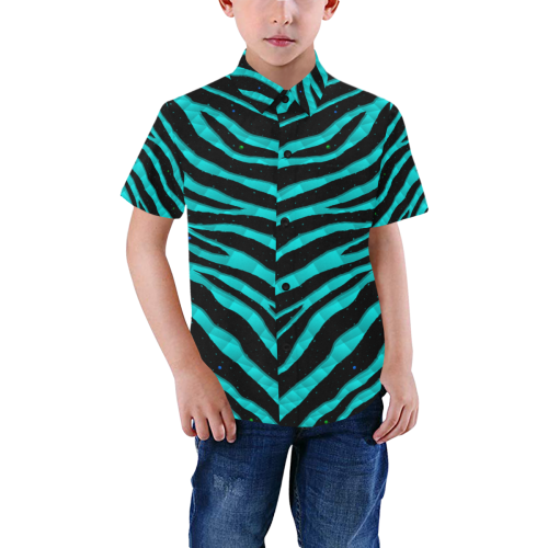 Ripped SpaceTime Stripes - Cyan Boys' All Over Print Short Sleeve Shirt (Model T59)