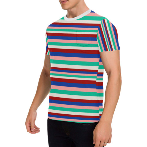 Colored Stripes - Dark Red Blue Rose Teal Cream Men's All Over Print T-Shirt with Chest Pocket (Model T56)