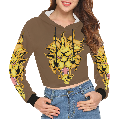 Gold Metallic Lion Brown All Over Print Crop Hoodie for Women (Model H22)
