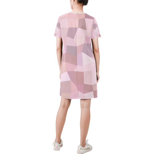 Pastel Pink Mosaic Short-Sleeve Round Neck A-Line Dress (Model D47)