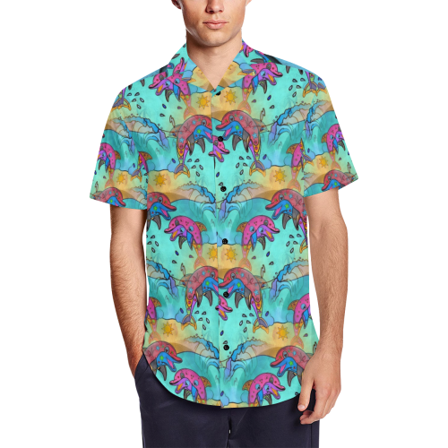 Dolphin popart by Nico Bielow Men's Short Sleeve Shirt with Lapel Collar (Model T54)
