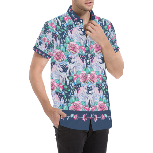 Unicorn Flower Button Down Men's All Over Print Short Sleeve Shirt (Model T53)