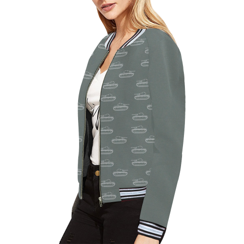 white military tank silhouette pattern on grey background All Over Print Bomber Jacket for Women (Model H21)