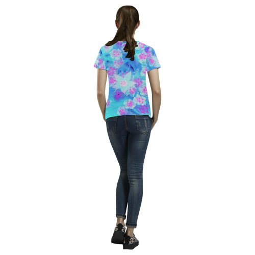 Blue and Hot Pink Succulent Star Sedum All Over Print T-Shirt for Women (USA Size) (Model T40)