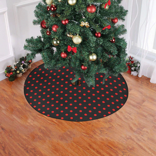 Polka Dots Red on Black Christmas Tree Skirt 47" x 47"