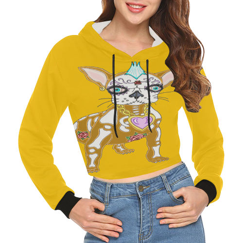 Punk Rock Sugar Skull Dog Yellow All Over Print Crop Hoodie for Women (Model H22)