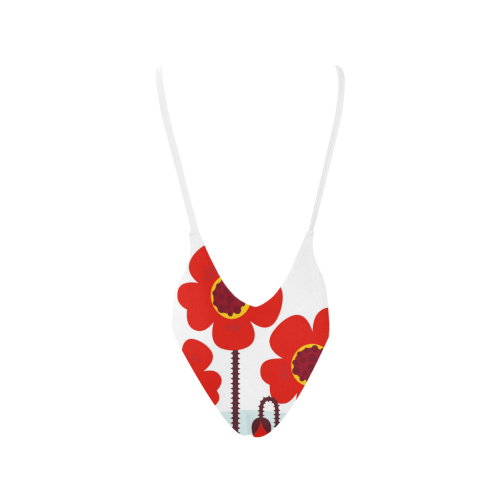Red big  flowers on white Sexy Low Back One-Piece Swimsuit (Model S09)