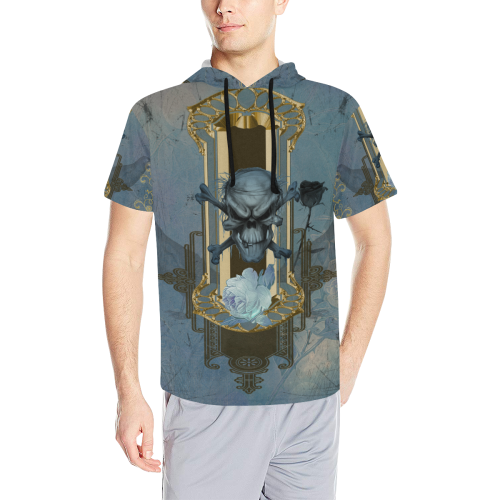 The blue skull with crow All Over Print Short Sleeve Hoodie for Men (Model H32)