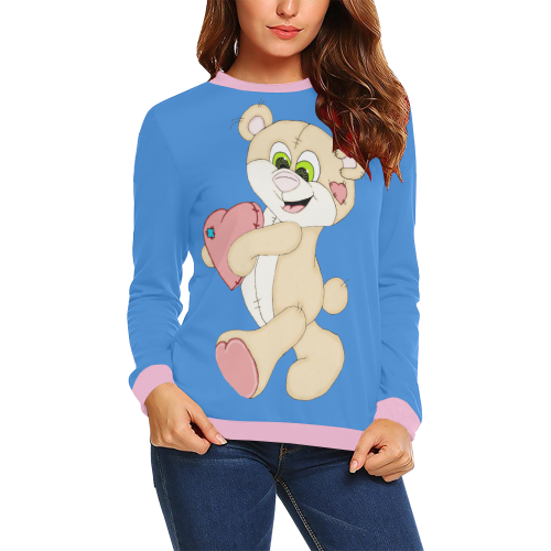 Patchwork Heart Teddy Blue/Pink All Over Print Crewneck Sweatshirt for Women (Model H18)