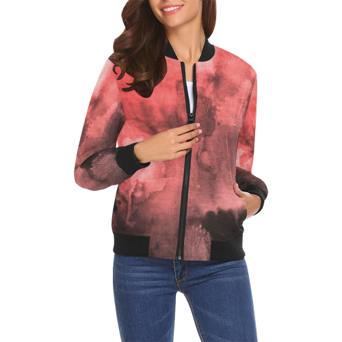 Red and Black Watercolour All Over Print Bomber Jacket for Women (Model H19)
