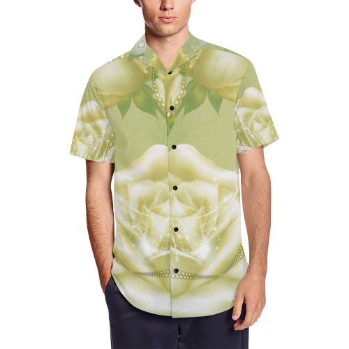 Beautiful soft green roses Men's Short Sleeve Shirt with Lapel Collar (Model T54)
