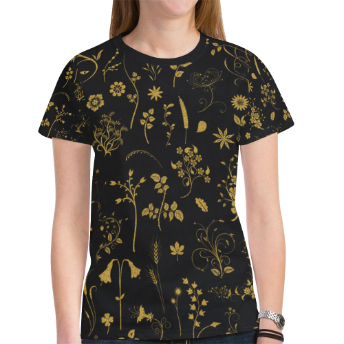 Ethno Floral Elements Pattern Gold 1 New All Over Print T-shirt for Women (Model T45)