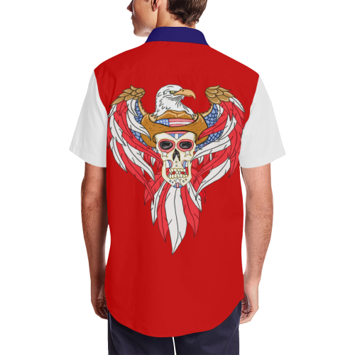 American Eagle Sugar Skull Red 3 Men's Short Sleeve Shirt with Lapel Collar (Model T54)