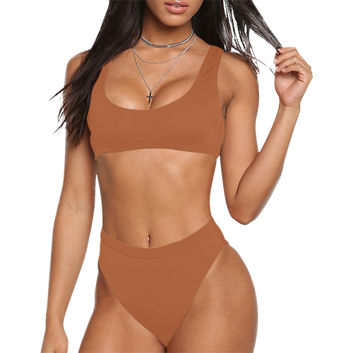 Light "Camel" Brown Sport Top & High-Waisted Bikini Swimsuit (Model S07)