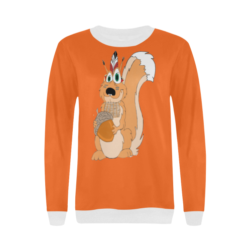 Indian Squirrel Orange Women's Rib Cuff Crew Neck Sweatshirt (Model H34)