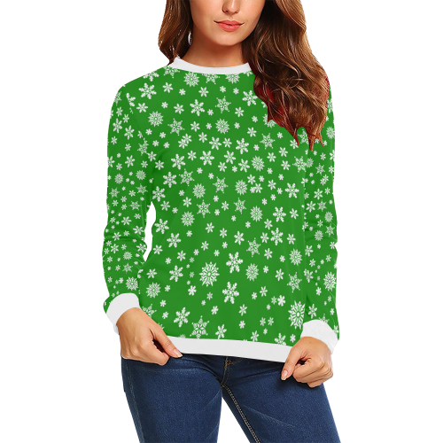 Christmas White Snowflakes on Green All Over Print Crewneck Sweatshirt for Women (Model H18)